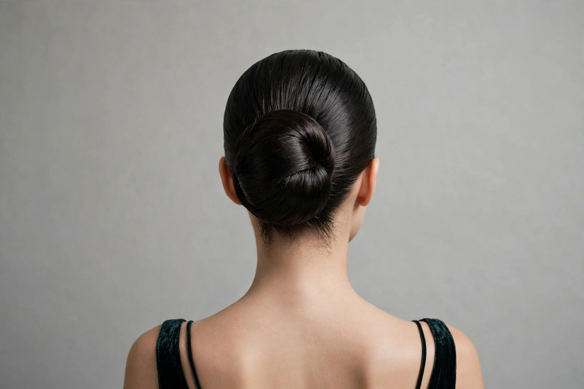 Sleek slicked-back bun hairstyle from behind with glossy finish, full head visible