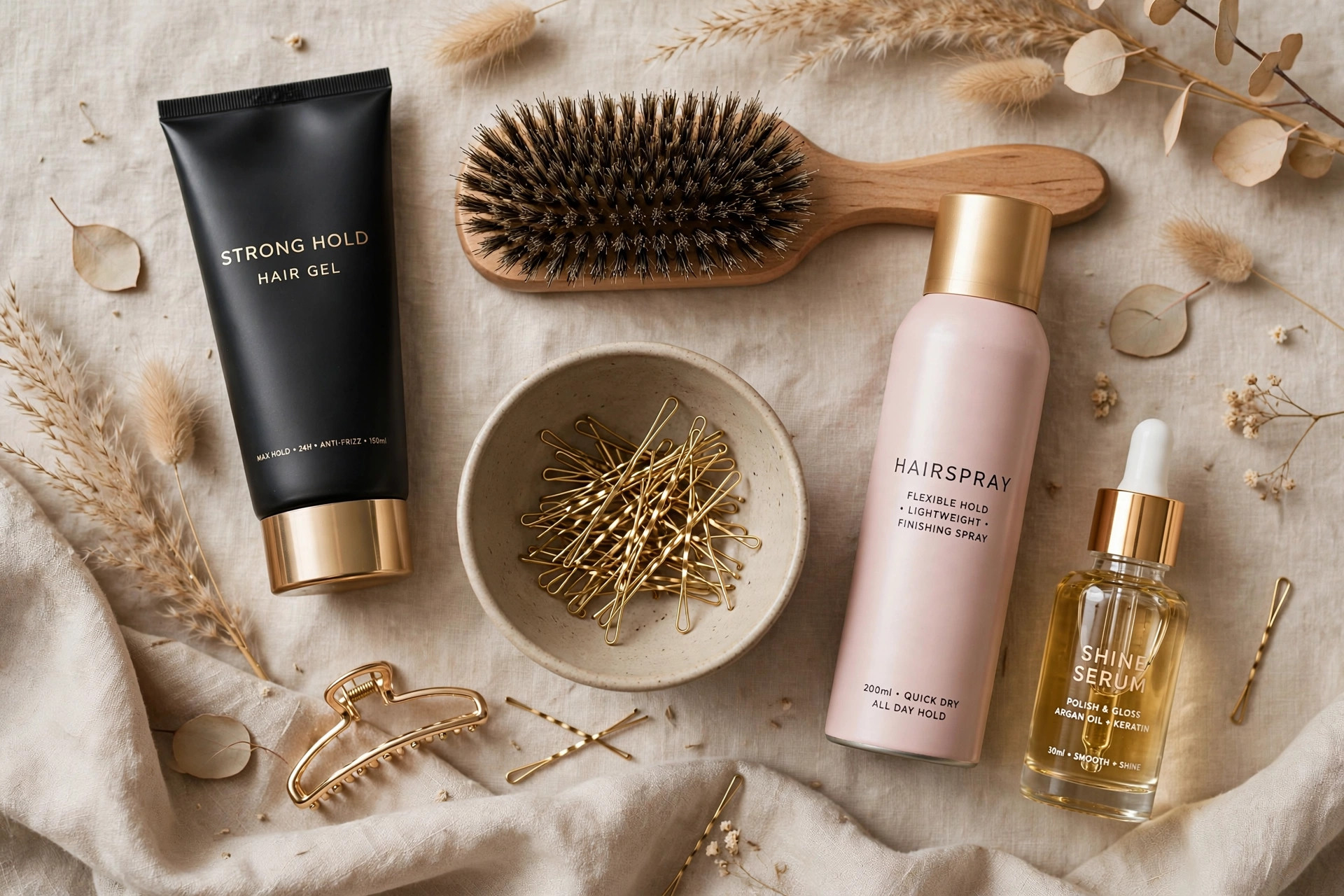 Hair styling products for slicked-back updos including gel and boar brush