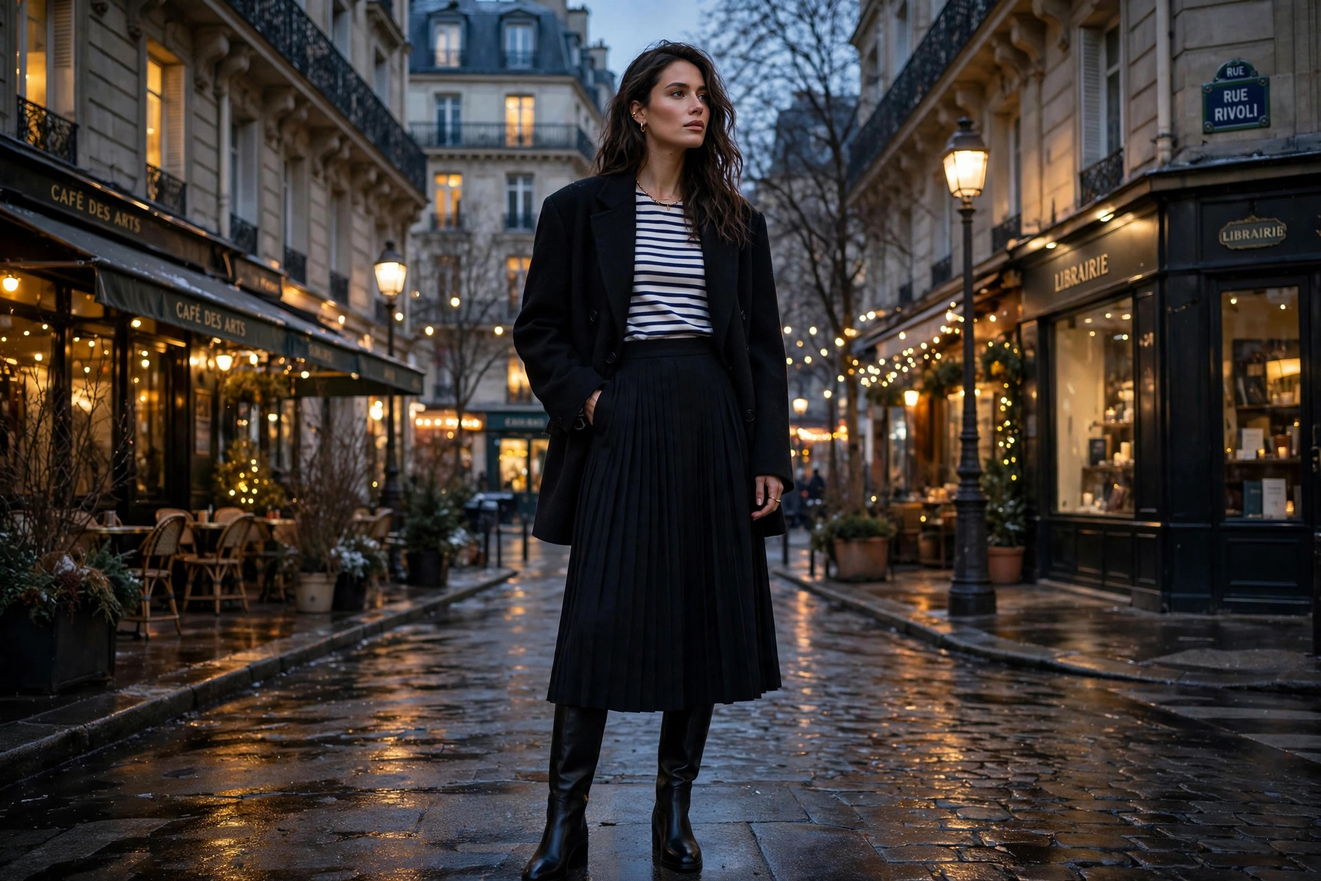 Breton stripe and blazer winter evening outfit