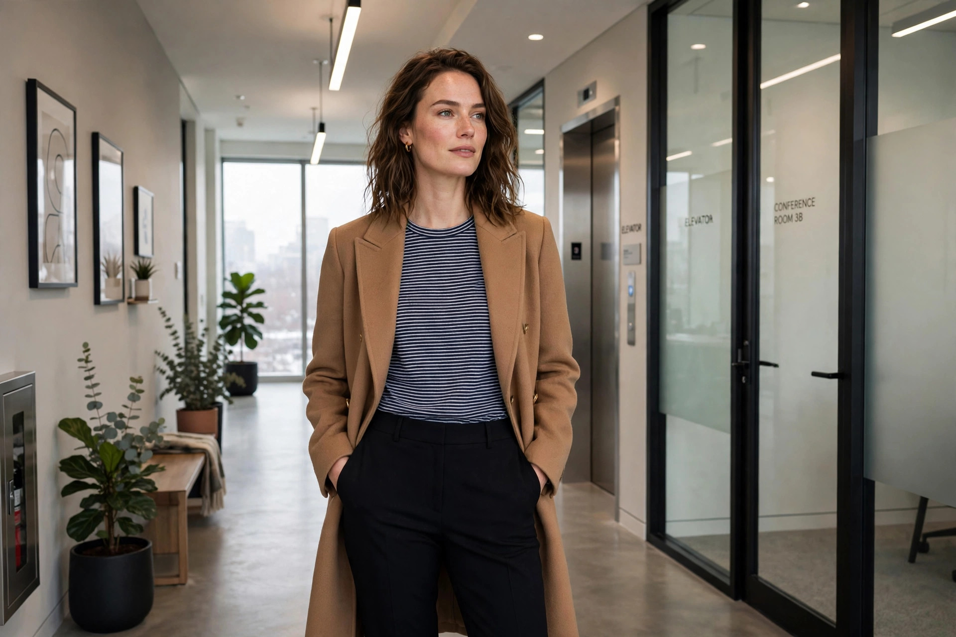 Striped top and camel coat winter work outfit