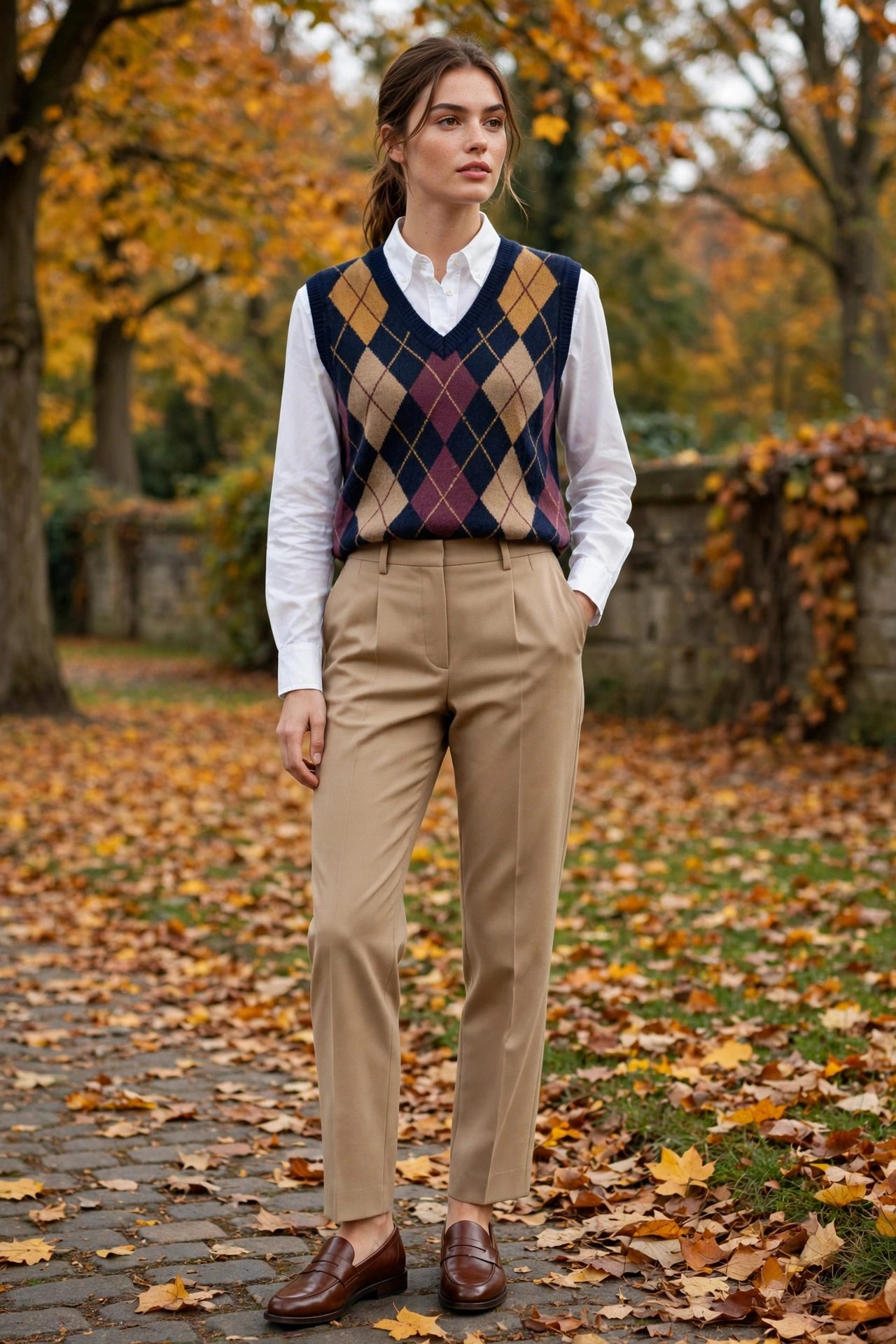 Sweater vest layered fall outfit with button-down