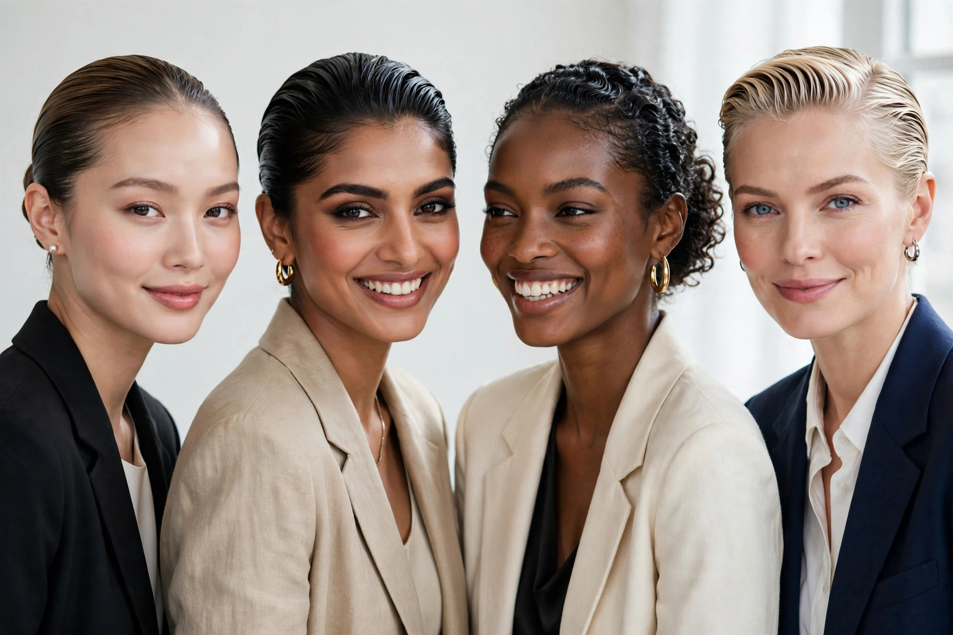 Slicked-back updos adapted for fine thick curly and short hair types