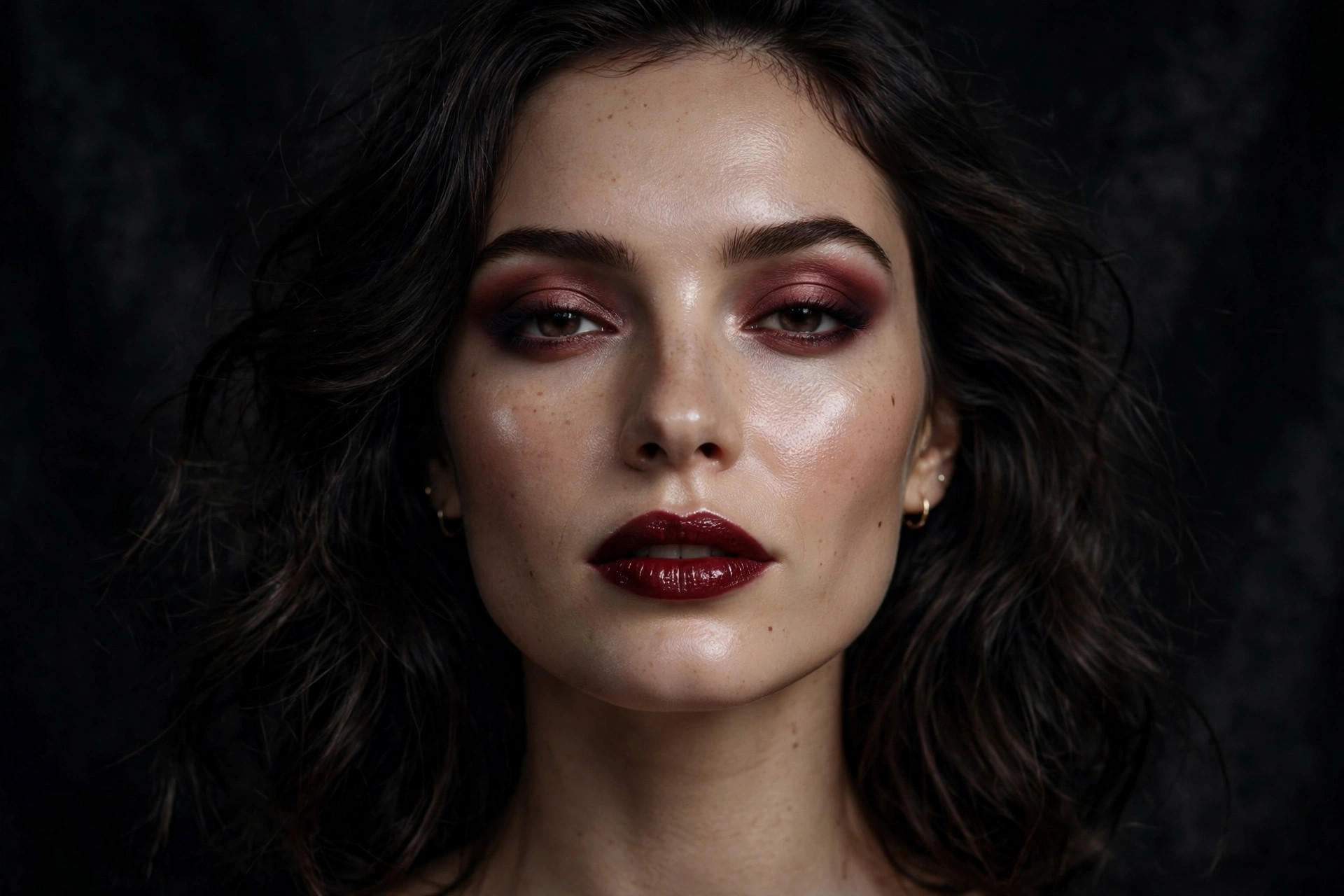 Vamp romantic makeup with dark cherry lips, smoky burgundy eyes and glowing skin