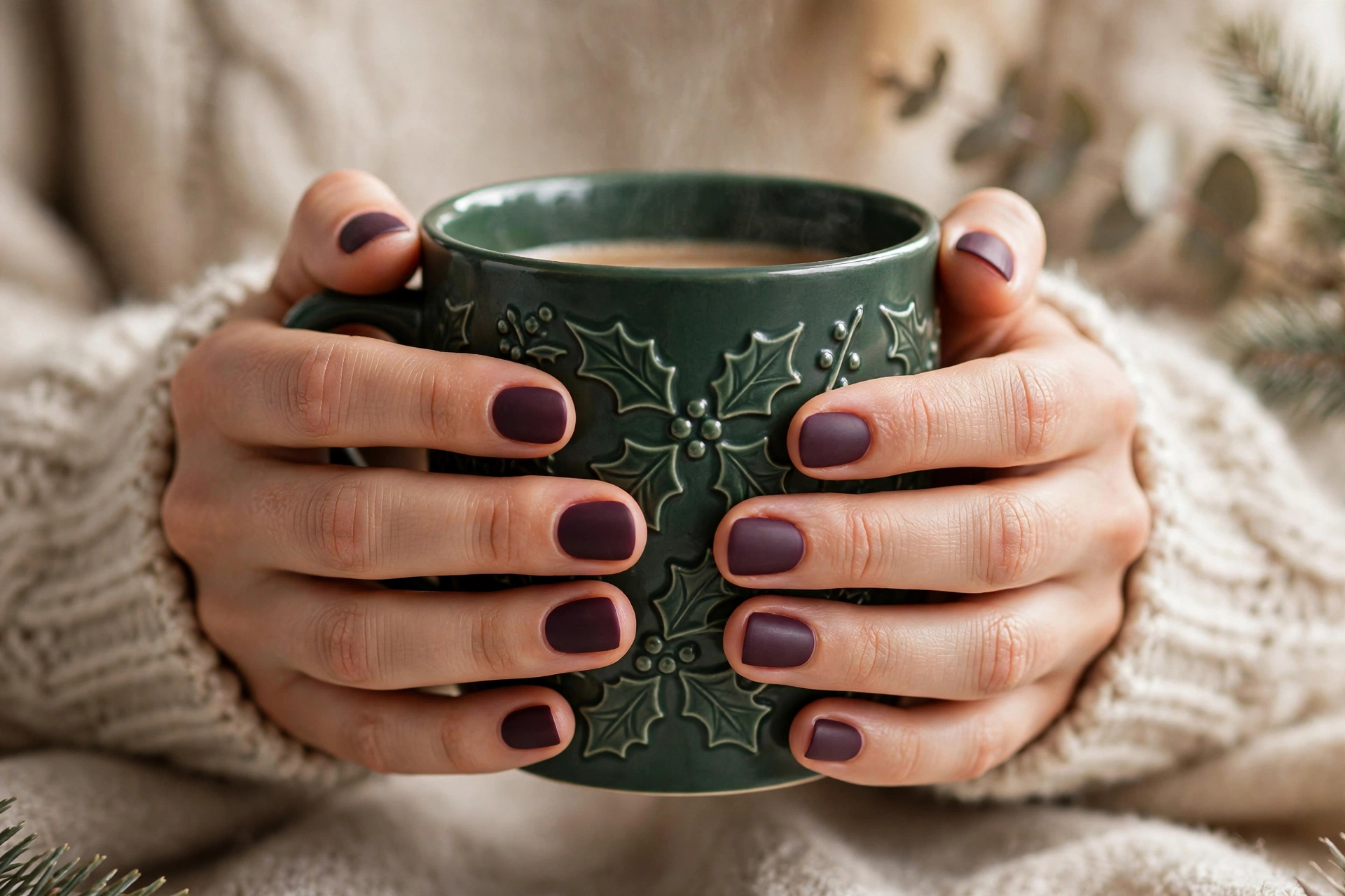 Simple matte deep plum Christmas nails holding a holiday mug