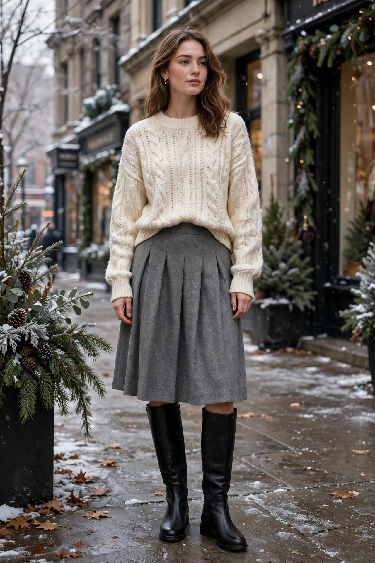Winter capsule look: Cream Sweater, Wool Skirt, and Knee Boots
