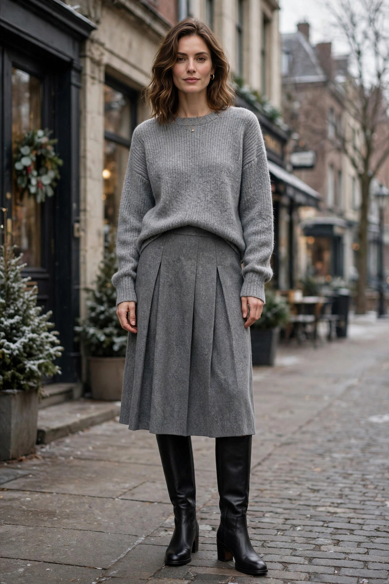 Winter capsule look: Gray Sweater, Wool Skirt, and Knee Boots