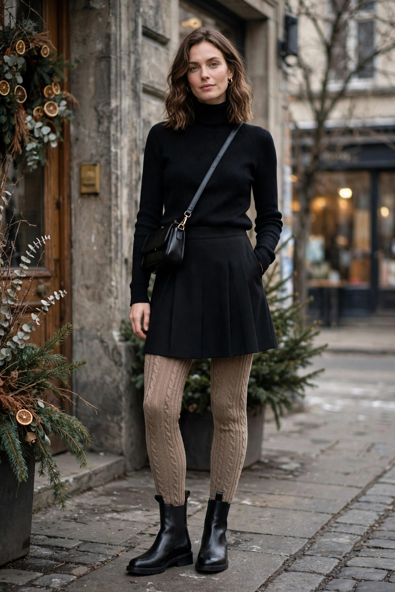 Winter capsule look: Black Turtleneck, Skirt, Tights, and Chelsea Boots