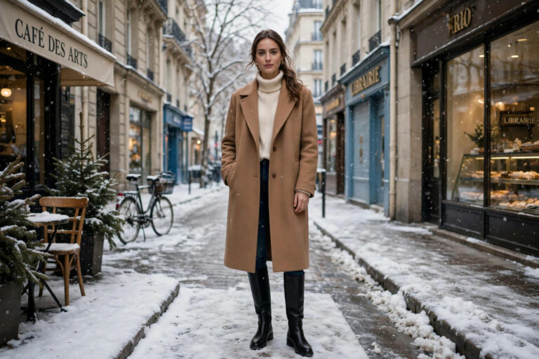 Winter capsule wardrobe outfit with camel coat, cream turtleneck, dark jeans and knee-high boots in snow