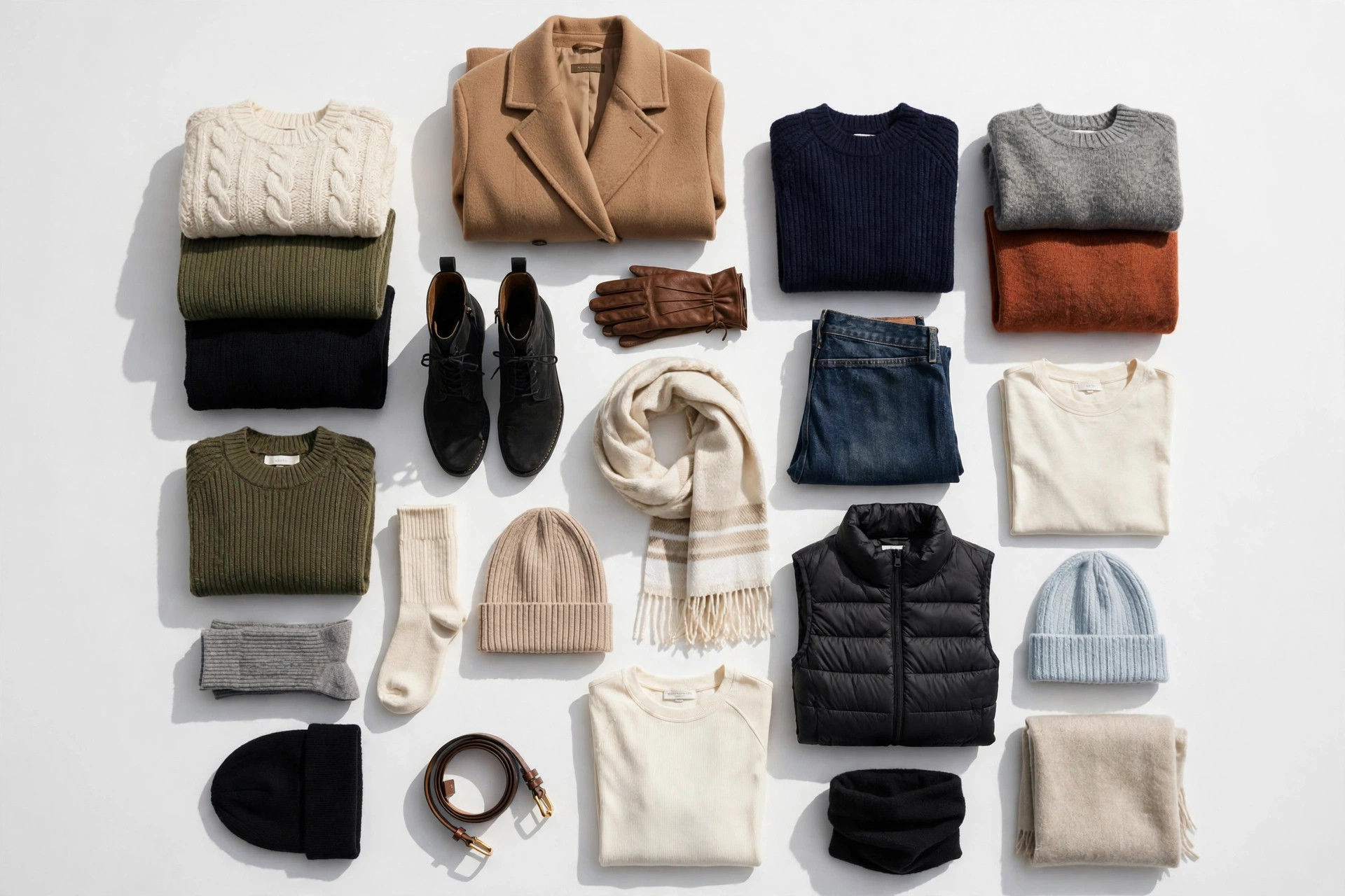 21-piece winter capsule wardrobe flat lay