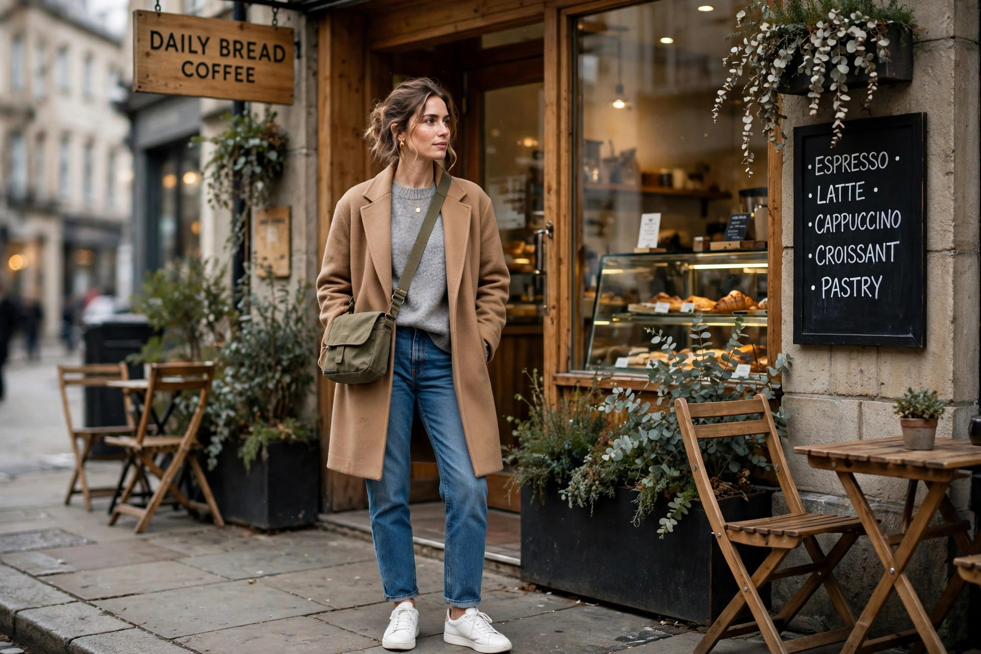 Casual weekend winter capsule outfit with camel coat